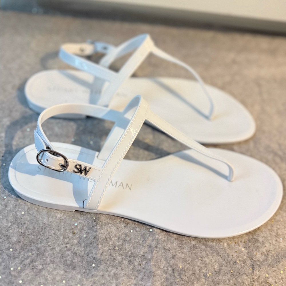 Stuart Weitzman Sallie T- Strap Jelly Sandal, White, Size 9